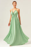 Light Green A Line Halter Backless Ruched Long Bridesmaid Dress with Lace Up Back