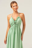 Light Green A Line Halter Backless Ruched Long Bridesmaid Dress with Lace Up Back