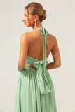 Light Green A Line Halter Backless Ruched Long Bridesmaid Dress with Lace Up Back