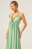 Light Green A Line Halter Backless Ruched Long Bridesmaid Dress with Lace Up Back