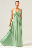 Light Green A Line Halter Backless Ruched Long Bridesmaid Dress with Lace Up Back