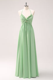 Light Green A Line Halter Backless Lace Up Ruched Long Bridesmaid Dress