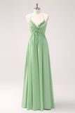 Light Green A Line Halter Backless Lace Up Ruched Long Bridesmaid Dress