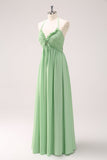 Light Green A Line Halter Backless Lace Up Ruched Long Bridesmaid Dress