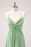 Light Green A Line Halter Backless Lace Up Ruched Long Bridesmaid Dress