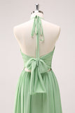 Light Green A Line Halter Backless Lace Up Ruched Long Bridesmaid Dress