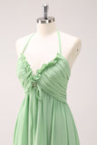 Light Green A Line Halter Backless Lace Up Ruched Long Bridesmaid Dress