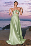 Light Green A-Line Halter Satin Hollow Out Long Bridesmaid Dress with Flower