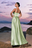 Light Green A-Line Halter Satin Hollow Out Long Bridesmaid Dress with Flower