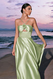 Light Green A-Line Halter Satin Hollow Out Long Bridesmaid Dress with Flower