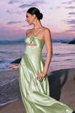 Light Green A-Line Halter Satin Hollow Out Long Bridesmaid Dress with Flower