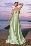 Light Green A-Line Halter Satin Hollow Out Long Bridesmaid Dress with Flower