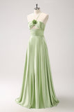 Light Green A Line Halter Hollow Out Satin Bridesmaid Dress with Flower