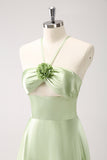 Light Green A Line Halter Hollow Out Satin Bridesmaid Dress with Flower