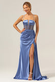 Blue Sheath Spaghetti Straps Sequin Satin Corset Long Prom Dress with Slit