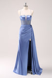 Blue Sheath Satin Spaghetti Straps Sequin Corset Long Bridesmaid Dress with Slit