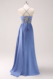 Blue Sheath Satin Spaghetti Straps Sequin Corset Long Bridesmaid Dress with Slit