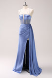 Blue Sheath Satin Spaghetti Straps Sequin Corset Long Bridesmaid Dress with Slit