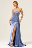 Blue Sheath Spaghetti Straps Sequin Satin Corset Long Prom Dress with Slit