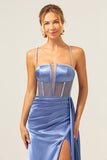 Blue Sheath Spaghetti Straps Sequin Satin Corset Long Prom Dress with Slit