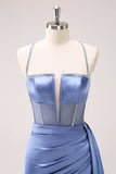 Blue Sheath Satin Spaghetti Straps Sequin Corset Long Bridesmaid Dress with Slit