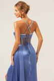 Blue Sheath Spaghetti Straps Sequin Satin Corset Long Prom Dress with Slit