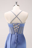 Blue Sheath Satin Spaghetti Straps Sequin Corset Long Bridesmaid Dress with Slit