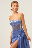 Blue Sheath Spaghetti Straps Sequin Satin Corset Long Prom Dress with Slit