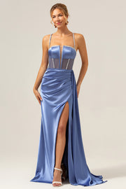 Blue Sheath Spaghetti Straps Sequin Satin Corset Long Prom Dress with Slit