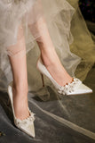 Luxury White Pointed Satin Silk Wedding Shoes with Flowers