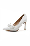 Women White Thin Heel Pointed Bride Flower 10CM High Heel Wedding Shoes