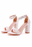 Leather Block Heel Imitation Pearl Lace Wedding Shoes