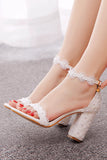 Leather Block Heel Imitation Pearl Lace Wedding Shoes