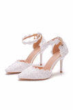 White Pointed Toe High Heels Sandals Lace Pearl Bridal Shoes