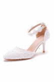 White Pointed Toe High Heels Sandals Lace Pearl Bridal Shoes