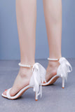 White Satin Pearl Open Toe Ankle Strap High Heels Wedding Shoes