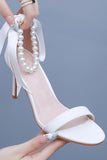 White Satin Pearl Open Toe Ankle Strap High Heels Wedding Shoes