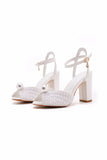 Elegant Faux Leather Block Heel Peep Toe Sandals Bridal Shoes with Pearl