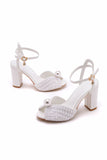 Elegant Faux Leather Block Heel Peep Toe Sandals Bridal Shoes with Pearl