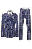 Men's Royal Blue Plaid Peak Lapel Double Breasted 2 Piece Suit