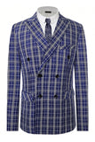 Men's Royal Blue Plaid Peak Lapel Double Breasted 2 Piece Suit