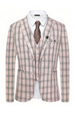 Men's Light Khaki Plaid Notched Lapel 3 Pieces Suits