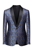 Men's Navy Shawl Lapel One Button Jacquard Prom Blazer