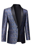 Men's Navy Shawl Lapel One Button Jacquard Prom Blazer