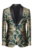 Men's Dark Green Shawl Lapel One Button Jacquard Prom Blazer