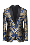 Men's Royal Blue Shawl Lapel One Button Jacquard Prom Blazer