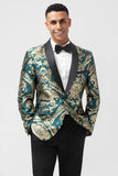 Men's Dark Green One Button Jacquard Prom Blazer with Shawl Lapel