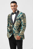 Men's Dark Green One Button Jacquard Prom Blazer with Shawl Lapel