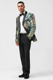 Men's Dark Green One Button Jacquard Prom Blazer with Shawl Lapel