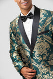 Men's Dark Green One Button Jacquard Prom Blazer with Shawl Lapel